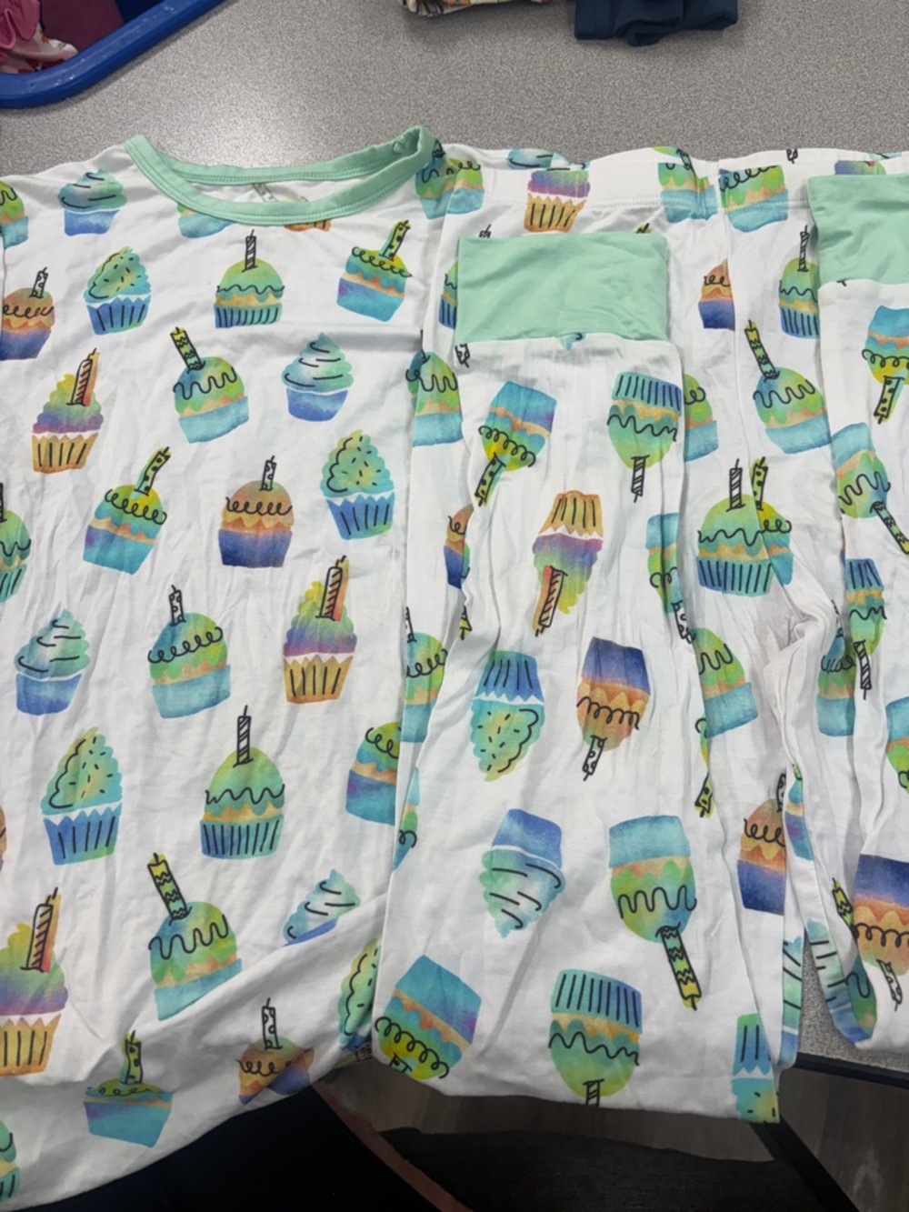 Birdie Bean. Kids White Cupcake Print Pajama Set with Mint Trim